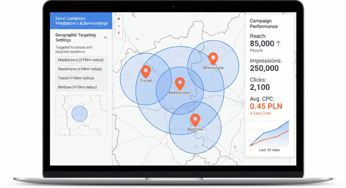 Targetowanie reklam na region Międzyrzecza - mapa zasięgu kampanii