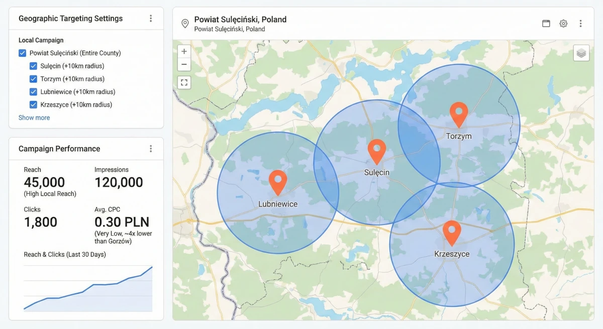 Targetowanie reklam na region Sulęcina - mapa zasięgu kampanii