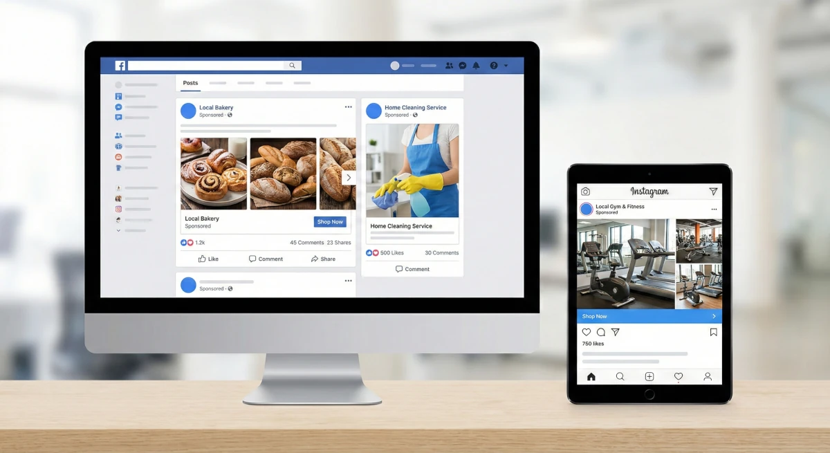 Mockup reklam Facebook i Instagram Ads dla lokalnego biznesu w Gorzowie